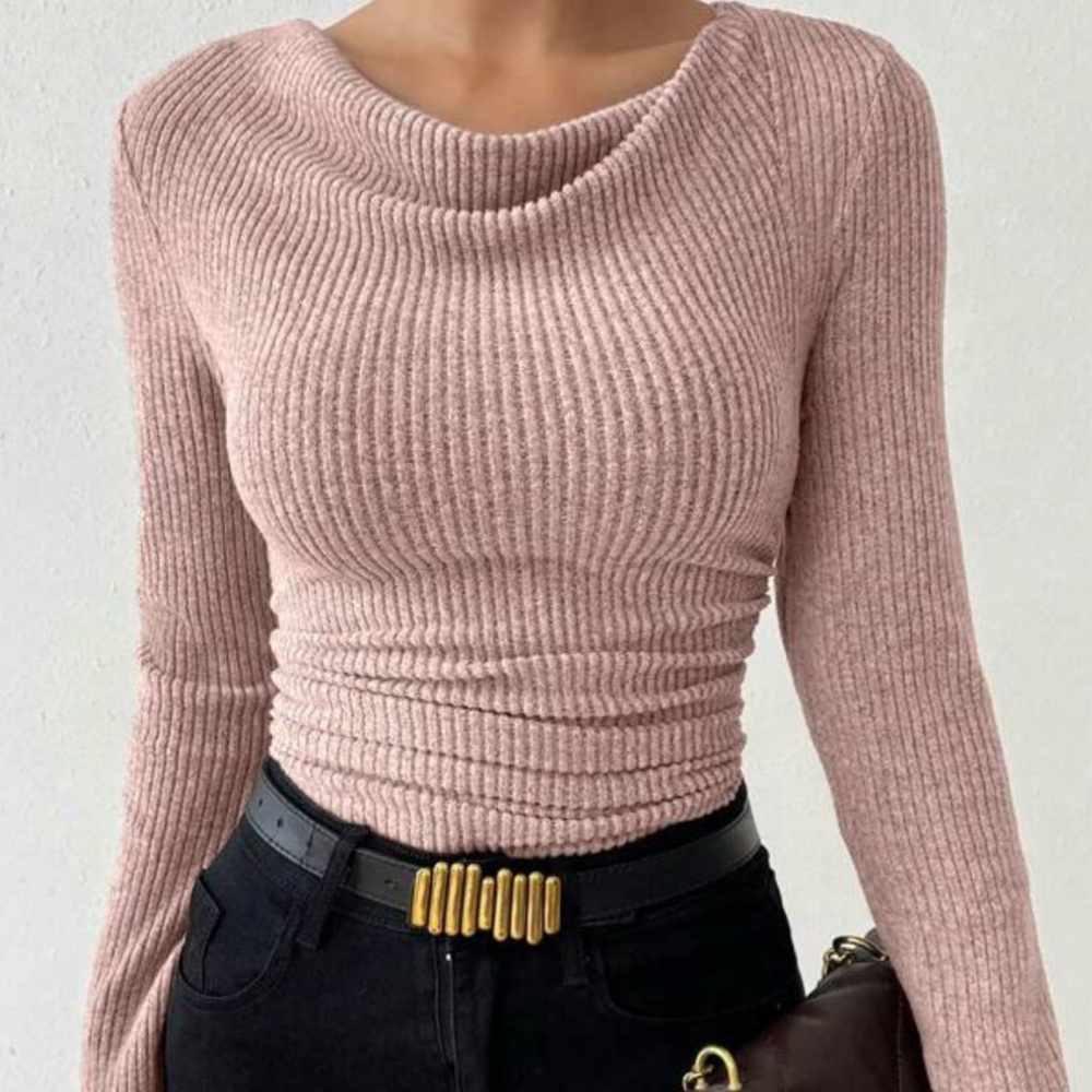 Cowl Neck Ribbed Long Sleeve Top - Blush